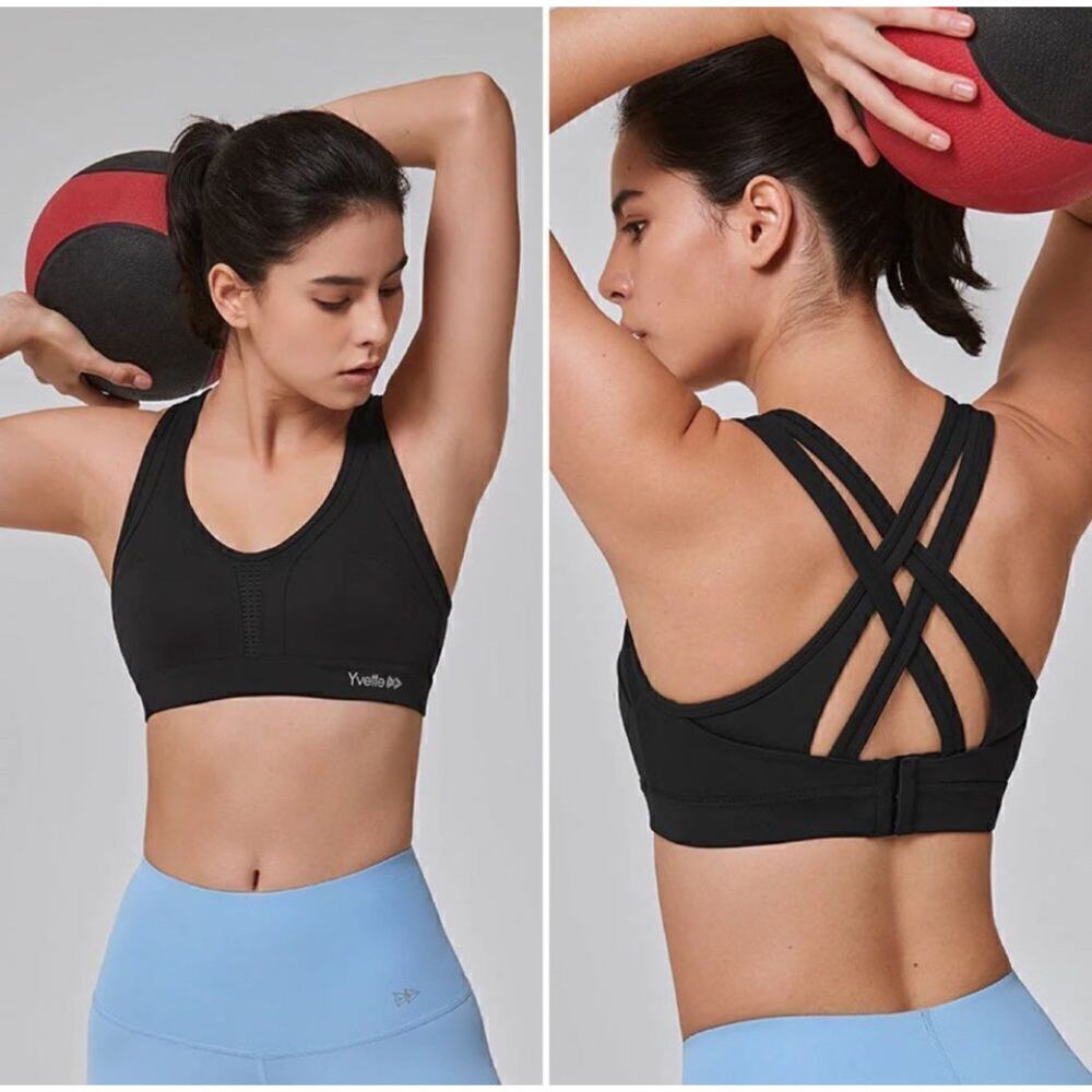 Yvette Sports Bra Padded Criss Cross Back Womens Activewear Black